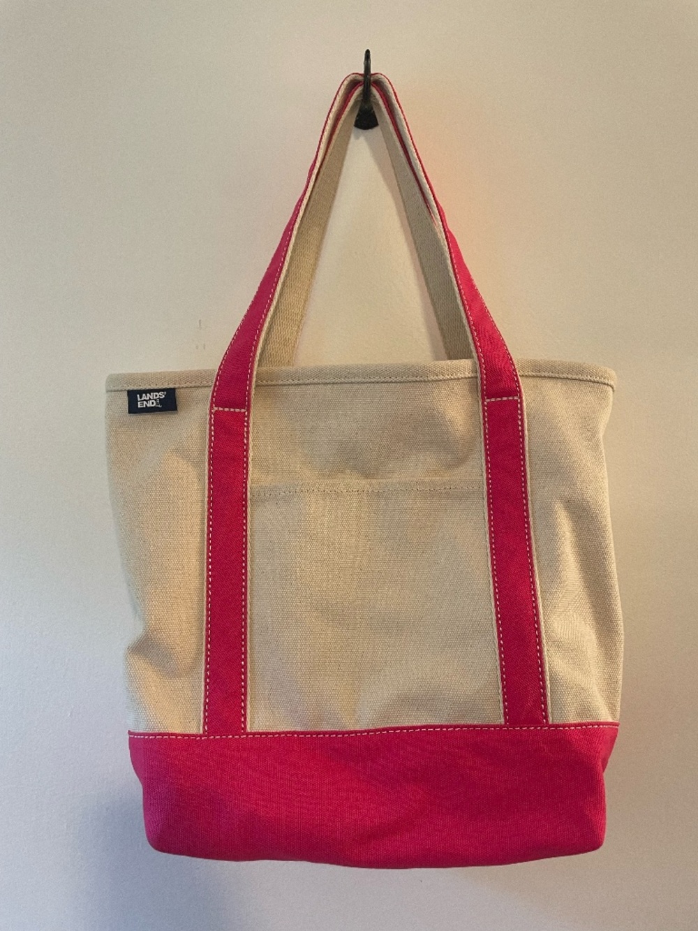 Land's End medium canvas 5 pocket open tote bag with hot pink trim